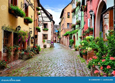 Colorful Cobblestone Lane In The Alsatian Town Of Riquewihr France