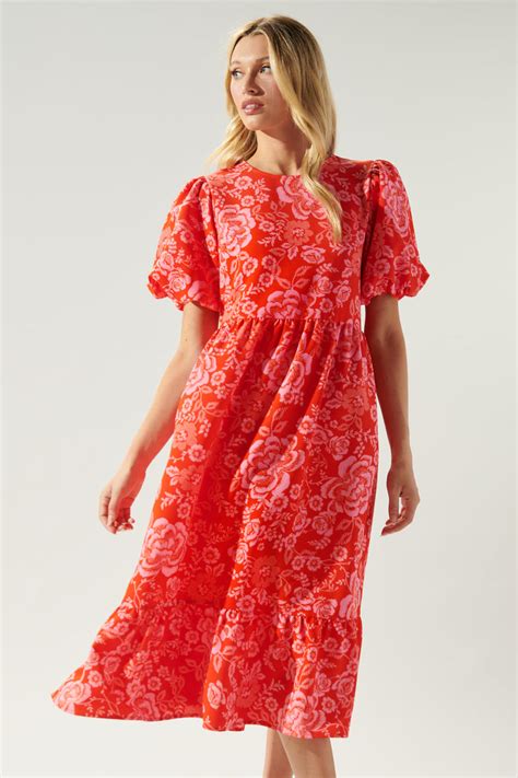 Rhubarb Floral Papillon Puff Sleeve Midi Dress Sugarlips