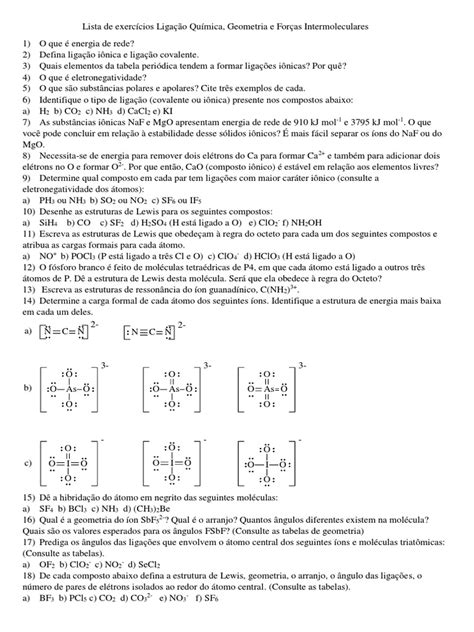 Exercícios Ligação Química - Exercícios sobre Ligação Química e Estruturas de Lewis | PDF | Ligação ...