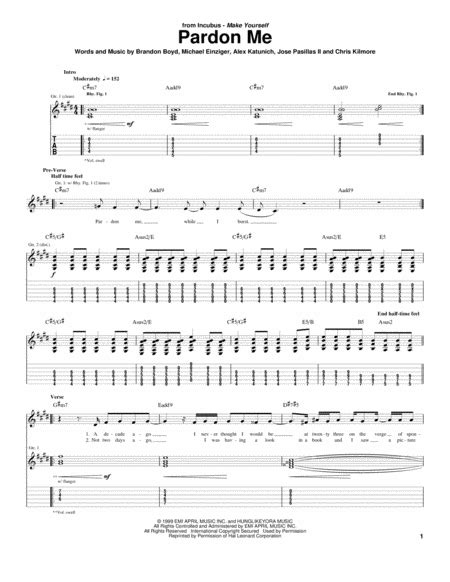 Pardon Me by Incubus - Electric Guitar - Digital Sheet Music | Sheet ...