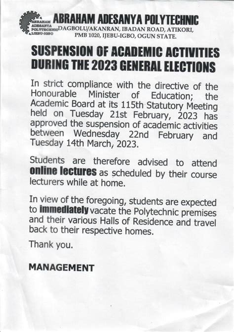 SUSPENSION OF ACADEMIC ACTIVITIES DURING THE 2023 GENERAL ELECTION