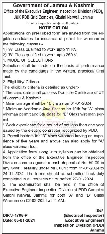 Jkpdd Wireman Recruitment Govt Private Jobs Updates Jammu