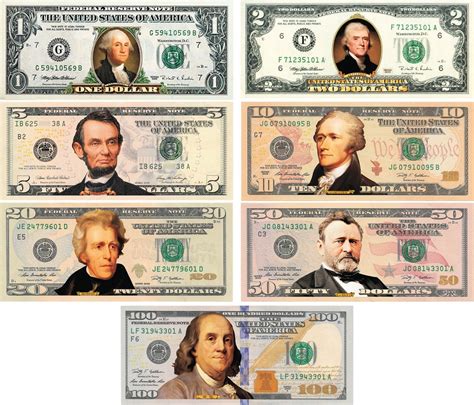 Set of All 7 Colorized U.S. Bills $1, $2, $5, $10, $20, $50 & $100