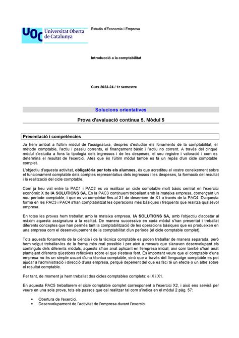 Introduccio Comptabilitat PAC5 Solucio 2324 1 V3 Estudis D Economia I