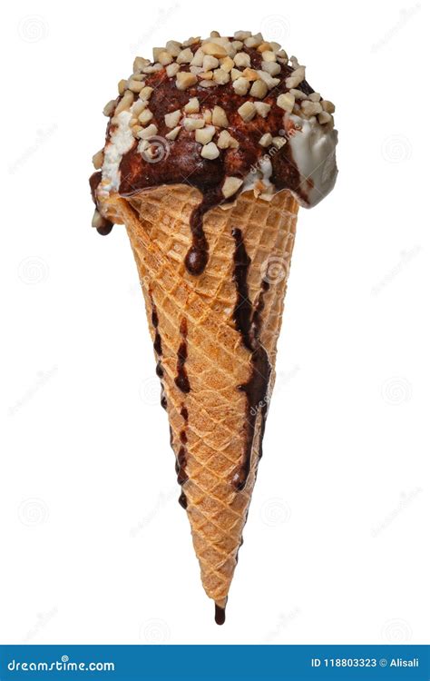 Wafer Cone With Melting White Ice Cream Covered Chocolate Glaze Stock