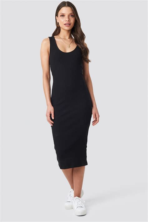 Buy Black Ribbed Dress Midi Cheap Online