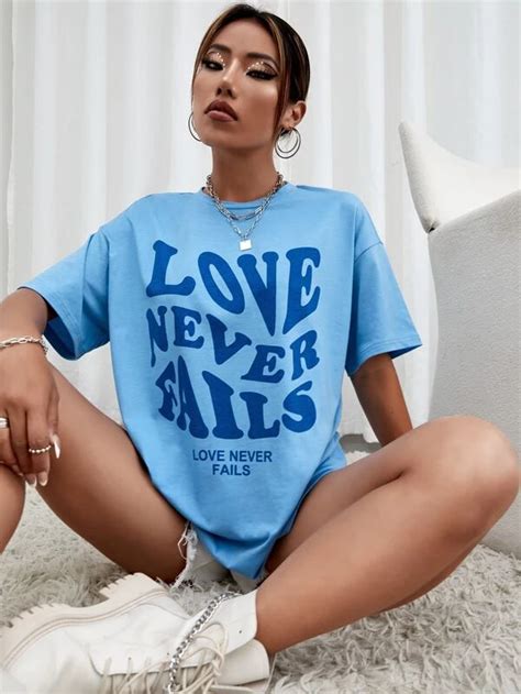 Camiseta De Hombros Caídos Con Estampado De Slogan Moda De Mujer