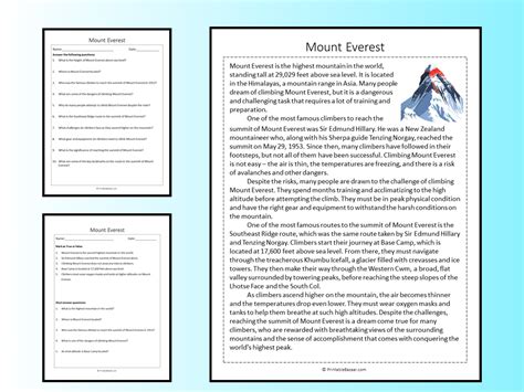 Mount Everest Reading Comprehension Passage Printable Worksheet