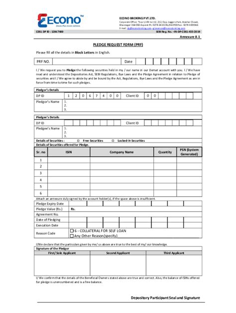 Fillable Online Pledge Request Form Prf Prf No Date Fax Email