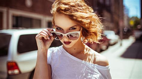 Street Depth Of Field Sunglasses Model Face Redhead Wavy Hair Bare Shoulders Aaron