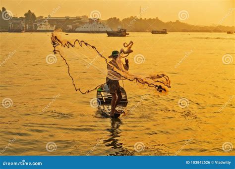 Asia Fishermen On Boat Fishing At Mekong River Stock Photo Image Of