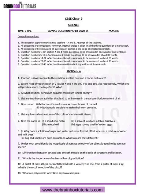 Download Cbse Class 9 Science Sample Paper For 2021 Free The Brainbox Tutorials