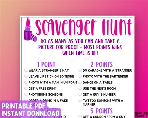 Ladies Night Scavenger Hunt Game Ladies Night Party Game Fun Girls