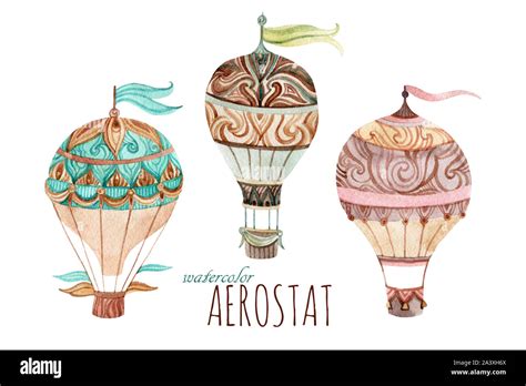 Aerostat Vintage Set Watercolor Hot Air Balloon Set Hand Painted