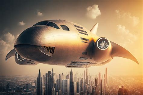 Premium Ai Image Conceptual Futuristic Cargo Plane Of Future Flying Over City Against Backdrop