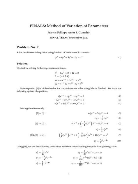 Solved Examples For Method Of Variation Of Parameters Pdf Subtraction Calculus