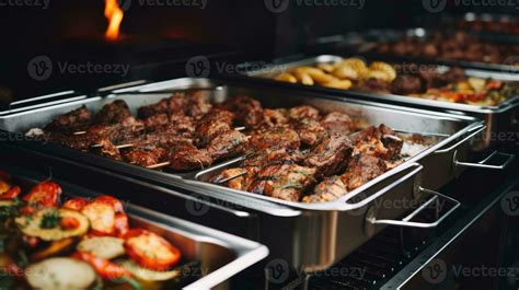 Catering Buffet Food Indoor In Restaurant With Grilled Meat Generative