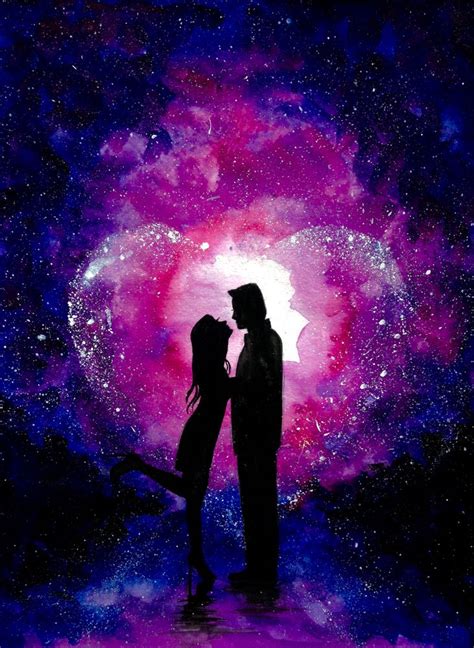 Couple Silhouette Blue Purple Pink Background And Stars Canvas Print By Ahmad Illustrations