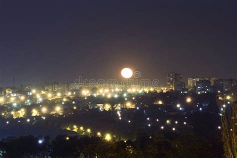 Full Moon Over Night City Streets And Houses Stock Photo Image Of