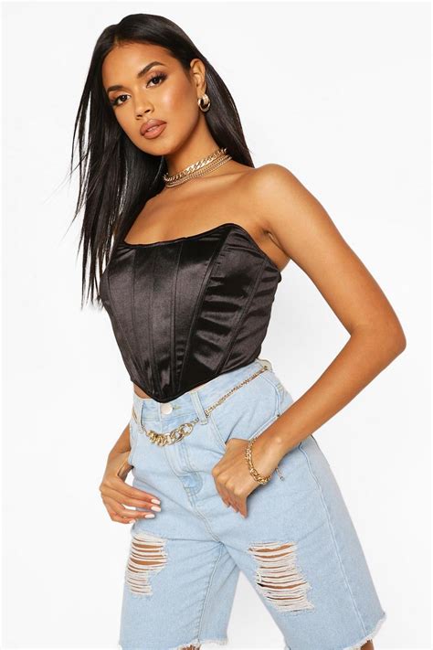 Black Satin Corset Top Boohoo Uk