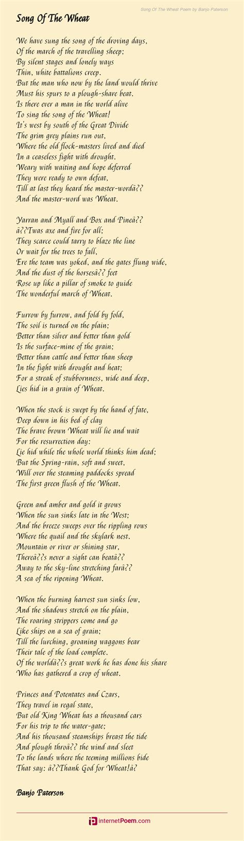 Song Of The Wheat Poem By Banjo Paterson