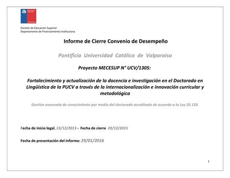 Pdf Informe De Cierre Convenio De Desempe O Pontificia