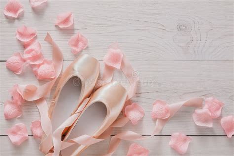 Pink Ballet Pointe Shoes On White Wood Background Stock Photo Image