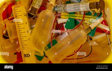 Interior Of A Yellow Container For Hazardous Hospital Biological Waste