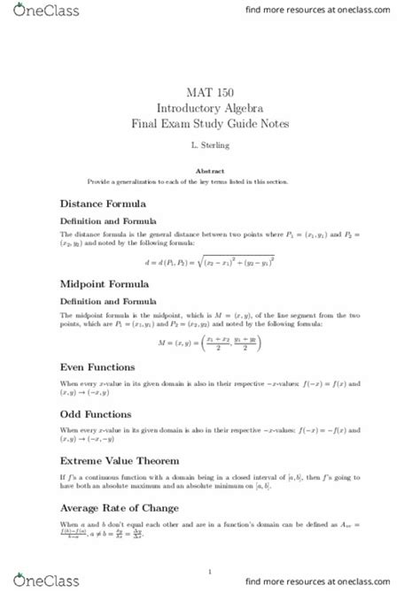 MAT 150 Final Final Exam Study Guide Notes OneClass