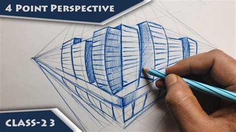 A Hand Drawing A Building With Blue Pencils