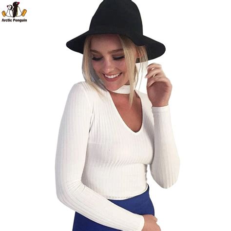 Autumn Winter Black Halter Knitted Sweater White Sexy Pullover Women Tops Slim V Neck Long