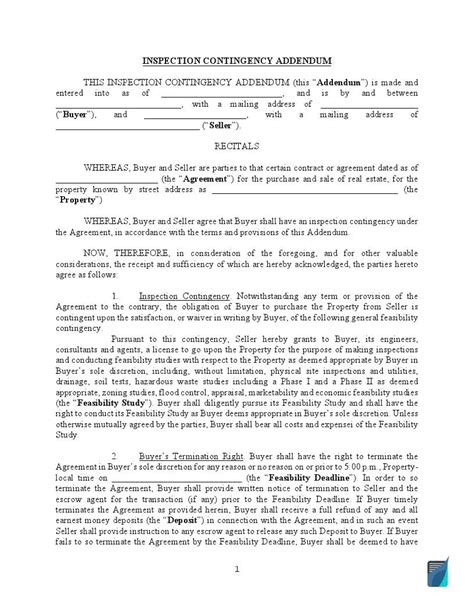 Inspection Contingency Addendum Form To Home Sale Agreement