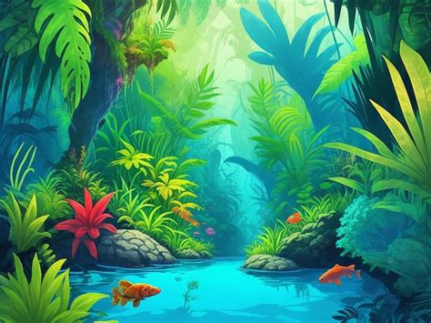 Premium AI Image | Aquascape Jungle Style Cartoon Illustration