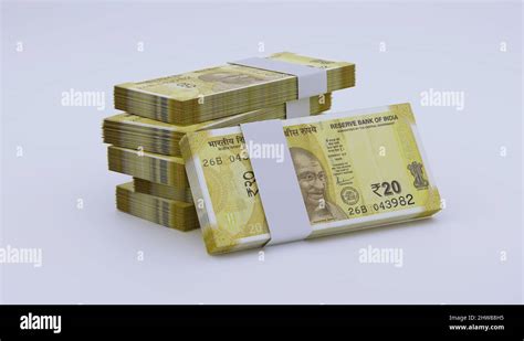 Indian Rupee 20 INR Currency Note Bundles 3D Illustration Stock Photo