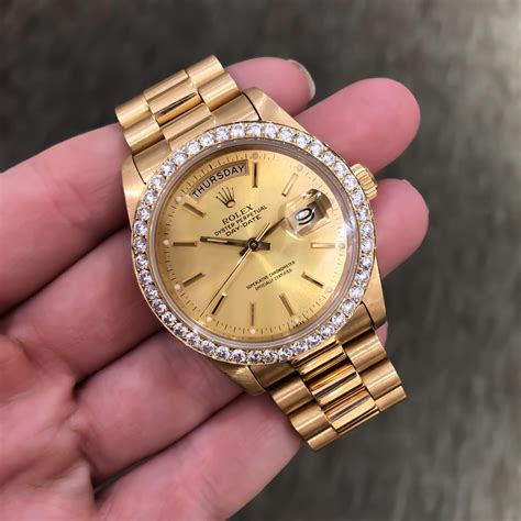 Rolex President Daydate Diamond Bezel 18 Karat Yellow Gold 18038 For