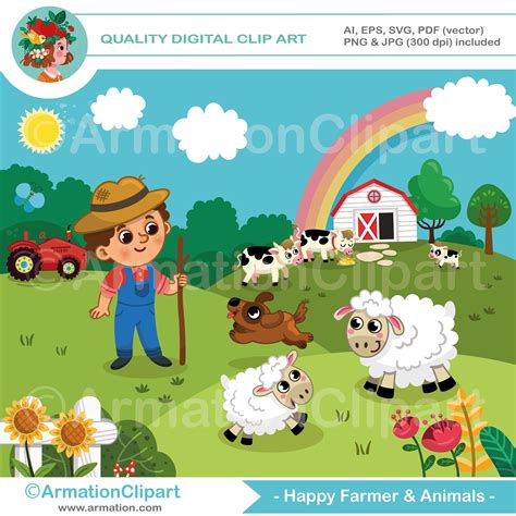 Happy Farmer Boy Clipart With Farm Animals Cartoon Digital Etsy