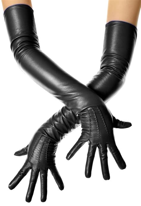 Long Black Leather Opera Gloves Vintage Pattern Button Wrist