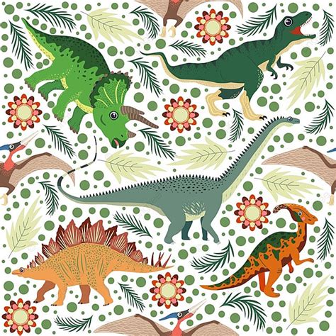 Hand Drawn Seamless Pattern With Dinosaurs And Tropical Leaves And