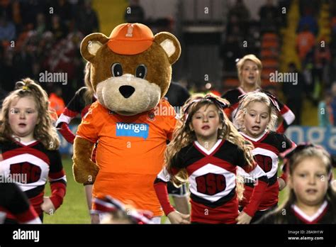 Blackpools Mascot Bloomfield Bear With Cheerleaders Before Kick Off