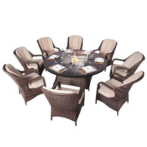 DIRECT WICKER ELLE Brown 9-Piece Wicker Patio Conversation Fire Pit Set with Beige Cushions DW ...