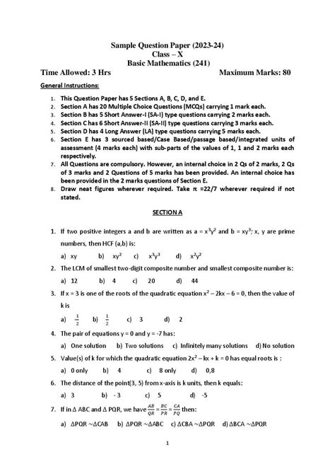 Cbse Class 10 Maths Basic Sample Paper 2024 Pdf With Solutions Oneedu24