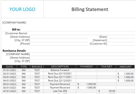 Billing Statement Template Exsheets