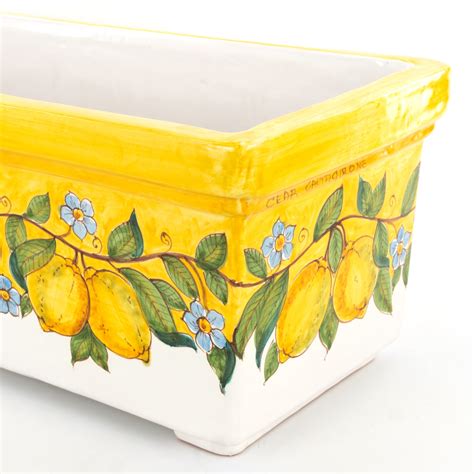 Fioriera Rettangolare Con Decoro Limoni E Fondo Giallo In Ceramica Di