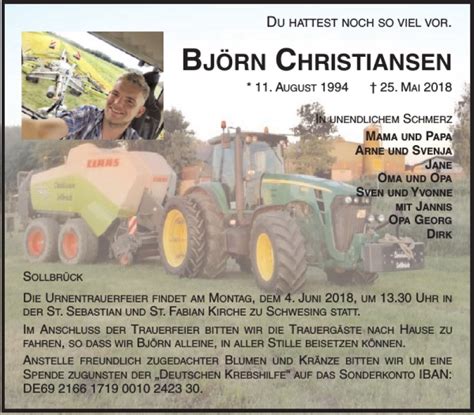 Traueranzeigen von BJÖRN CHRISTIANSEN sh z Trauer