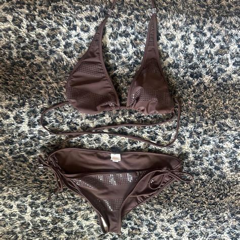 Vintage 2000s Brown Beaded Bikini Size Large Top Depop