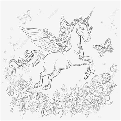 Flying Unicorn Surrounded With Flowers And Butterflies Coloring Page