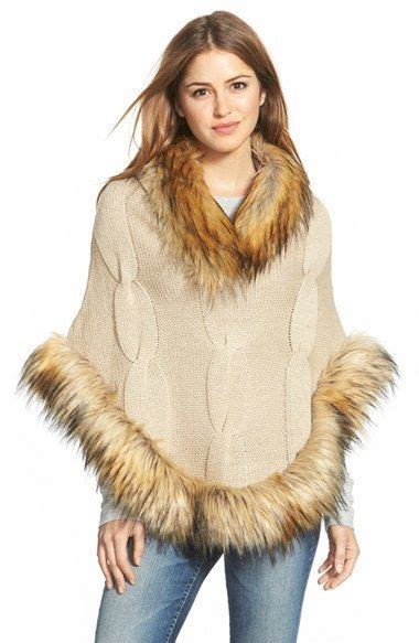 Linda Richards Cable Knit Wool Poncho With Faux Fur Trim Wool Poncho