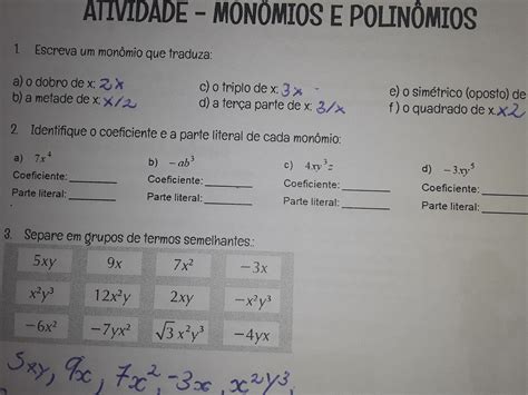 Identifique O Coeficiente E A Parte Literal De Cada Mon Mio