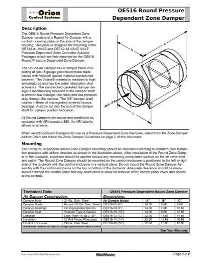 Oe Round Pressure Dependent Zone Damper Orion Control