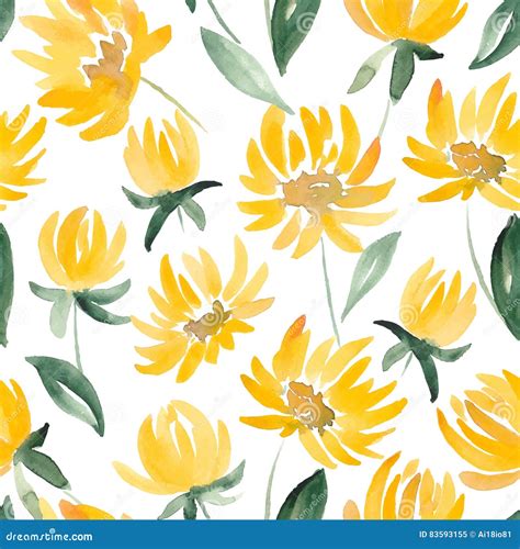 Yellow Watercolor Flowers And Leaf Seamless Summer Pattern Stock